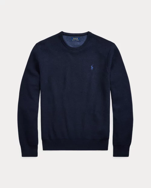 Cotton pique crew neck sweater - Navy marl