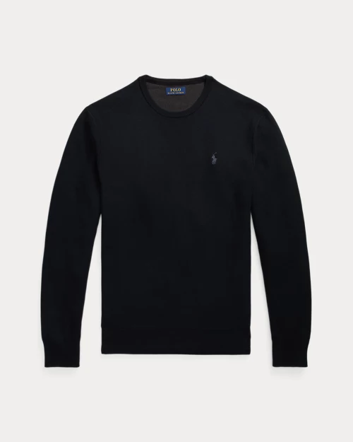 Cotton pique crew neck sweater - Black Polo/Tone on tone