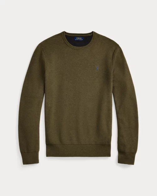 Cotton pique crew neck sweater - Olive cargo mottled